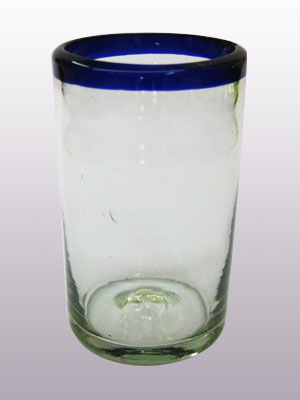 VIDRIO SOPLADO / Juego de 6 vasos grandes con borde azul cobalto